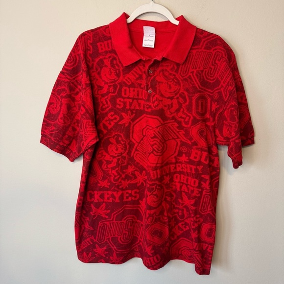 Vintage Ohio State Buckeyes Shirt Men's Large Red All Over Print OSU Brutus - Picture 1 of 4